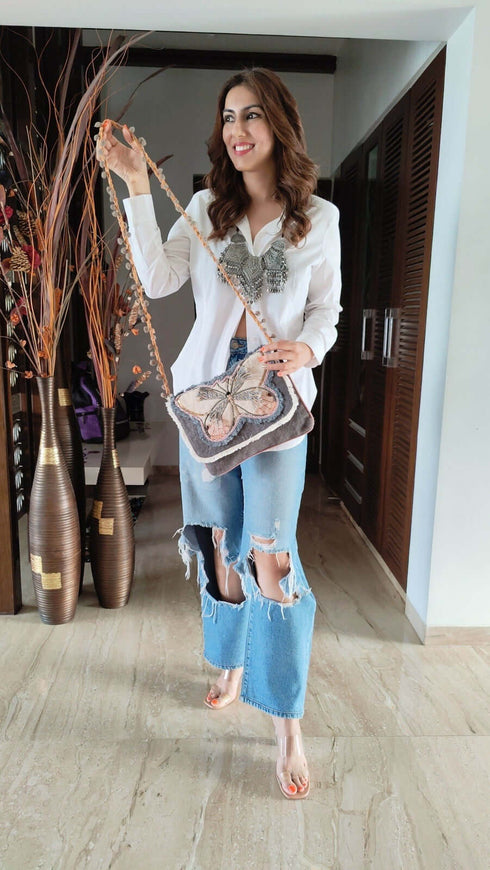 Sling Grey Butterfly Handcrafted Embroidery Bag